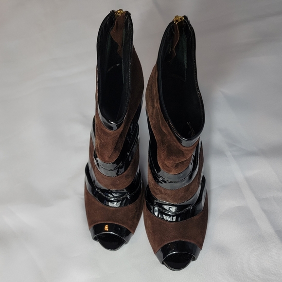 Tory Burch Lucille Brown Leather Peep Toe Logo Ankle US 9M - Picture 2 of 14